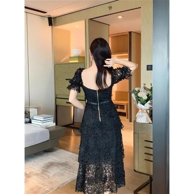 

Dresses for Wmen New Black V-neck Short Sleeve High-Grade Multi-Layer Cake Dress Solid Lace High-Waist Slimming Dress New