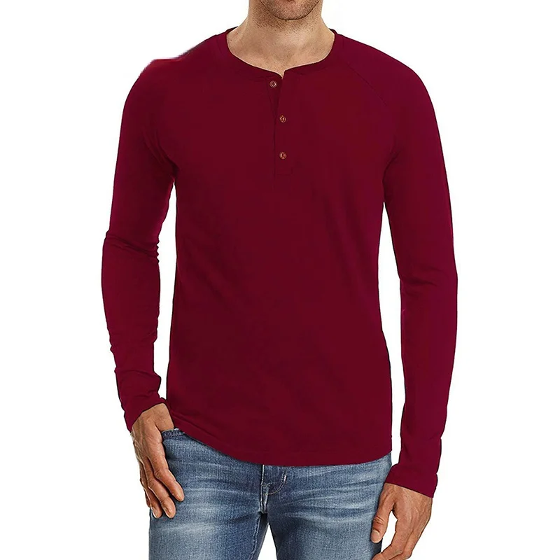 

Pure Color Men's T-shirt Spring and Autumn Long-sleeved Fashion Button Design Breathable Men's Casual T-shirt