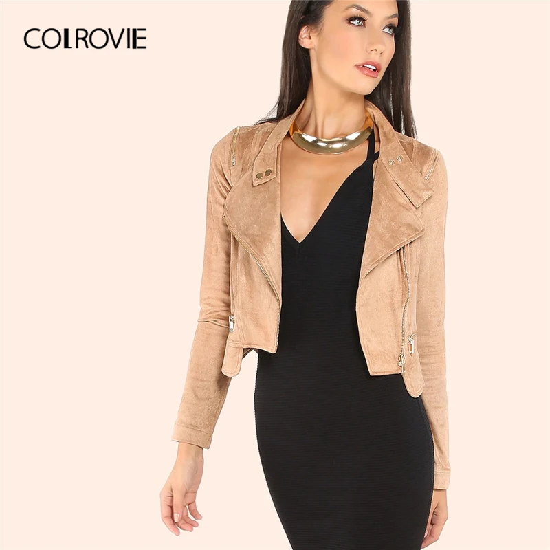 COLROVIE Camel Suede Moto куртка Женская мода осень уличная Женская молния укороченный байкерская куртка однотонная Повседневная Верхняя одежда