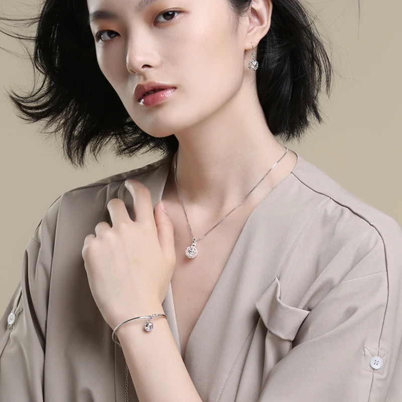 Женское серебряное ожерелье с двойным цветком SA SILVERAGE колье и серьги из