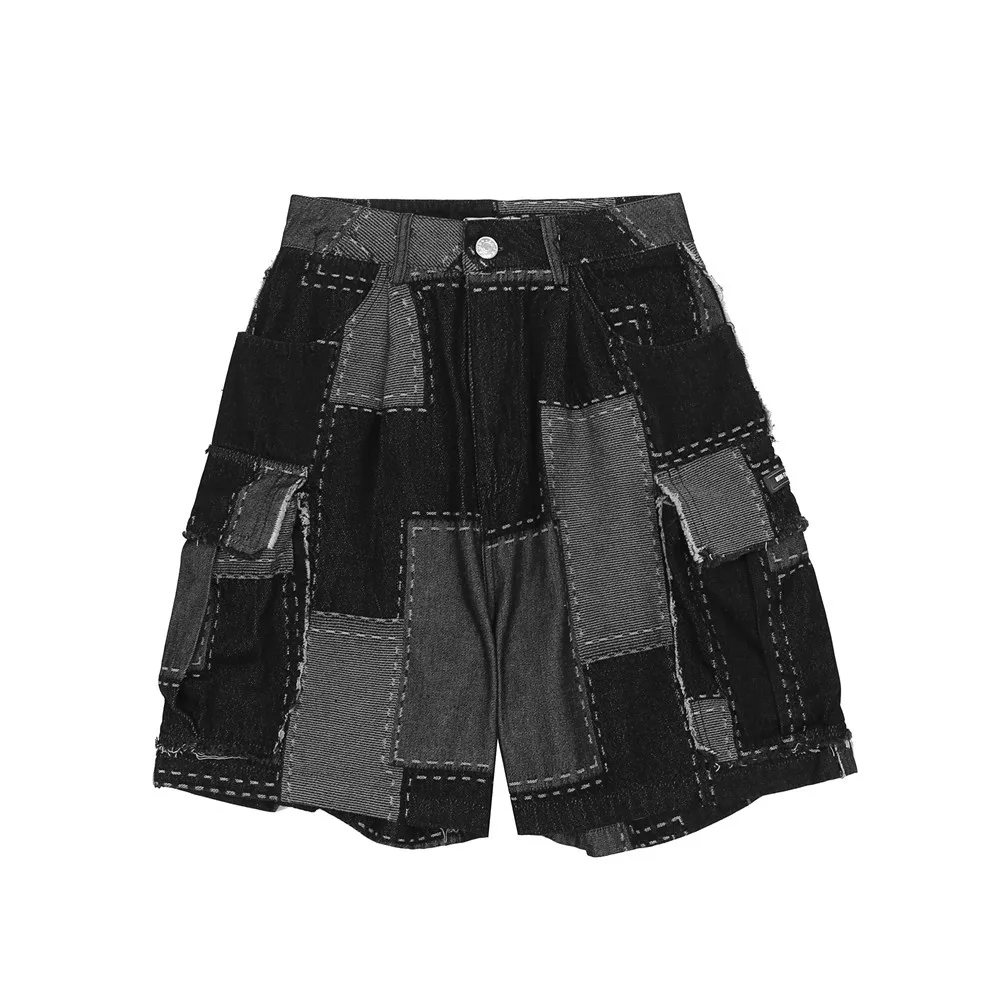 Men's Big Pockets Loose Shorts Hip-Hop Spring Summer Plaid Stitching Denim Shorts Streetwear Bottoms Men Knee Lenght Short