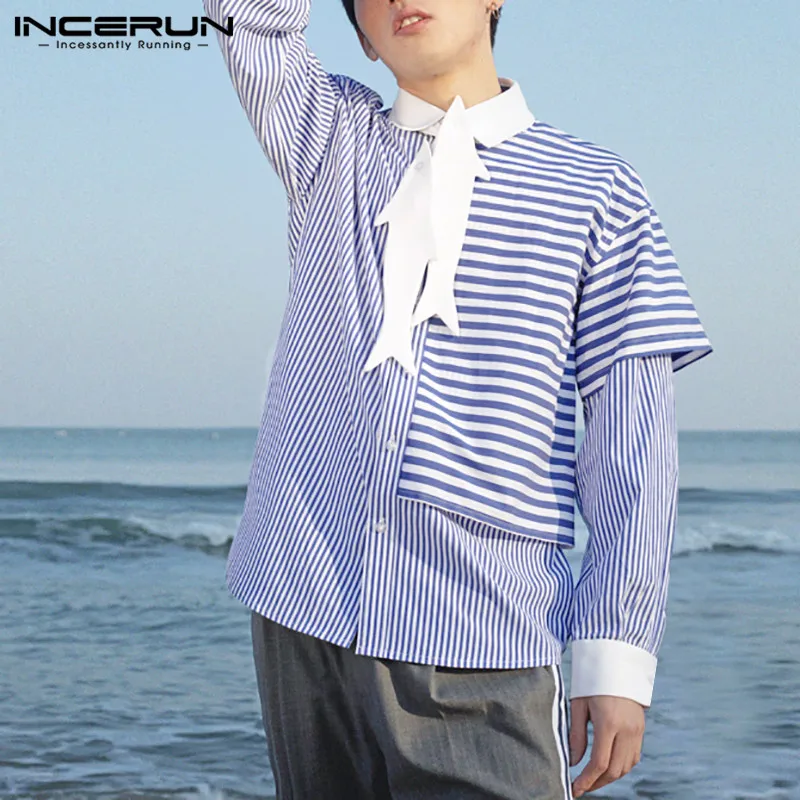 

Полосатая рубашка INCERUN мужская с длинным рукавом, блузка в стиле пэчворк для отдыха, на пуговицах, модная сорочка с лацканами, размера 5XL, вес...