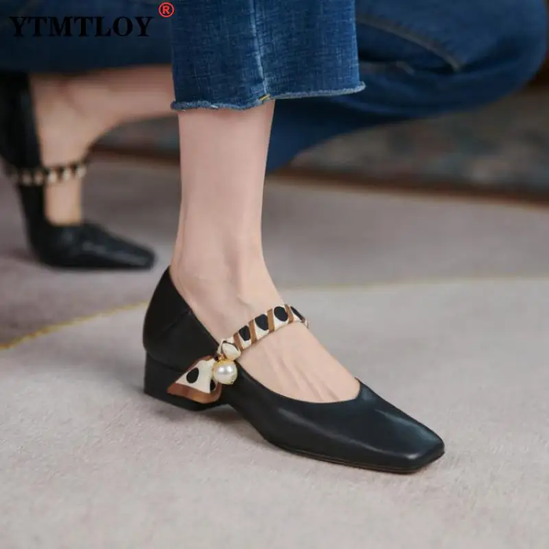 Демисезонные туфли с украшением из жемчуга, женские туфли мэри джейн с квадратным носком на толстом каблуке, женские туфли-лодочки, сексуал...
