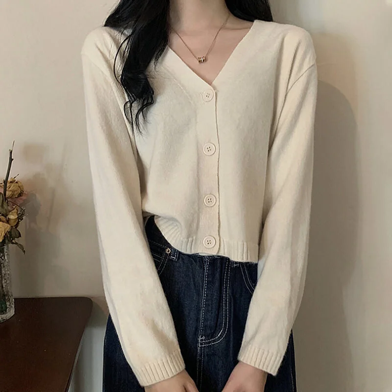 V-Neck Sweater women's autumn and winter cardigan 2021 new short top long sleeve loose sweater lazy high sense