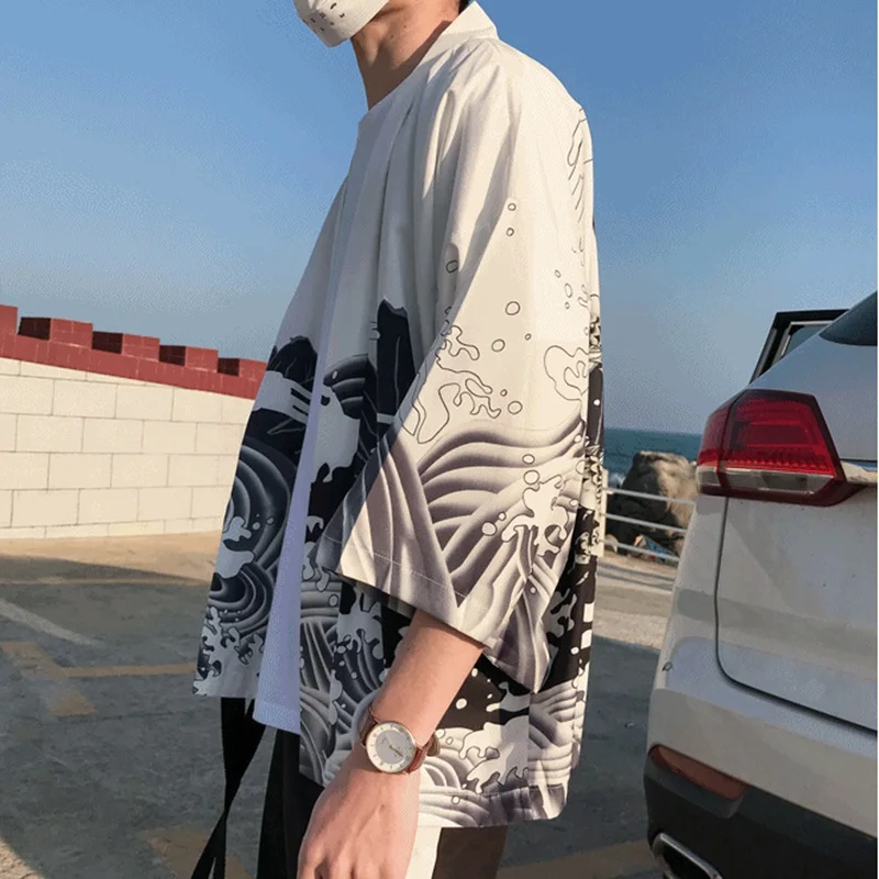 Кимоно мужское в японском стиле юката хаори рубашка с искусственными камнями