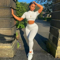 new women casual yoga suit 2 piece solid crop topleggings short sleeve active female fitness gym clothing sport tracksuit mujer