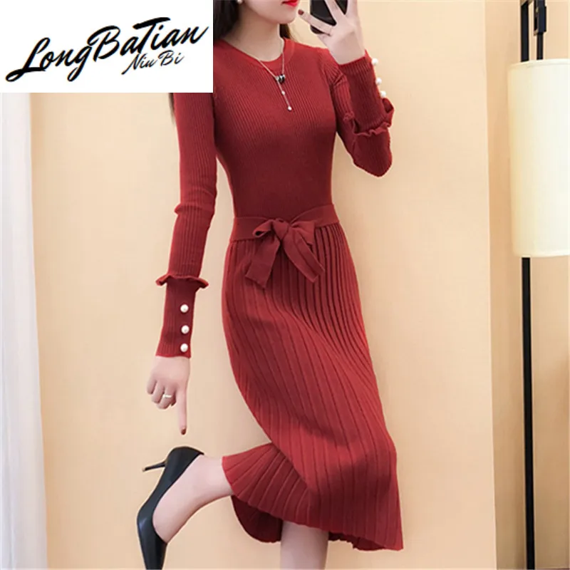 Korean style Autumn Winter Knitted Dresses Women Plus size Slim O Neck Long Sleeve Bottom Sweaters Dress Elegant Vestidos Female