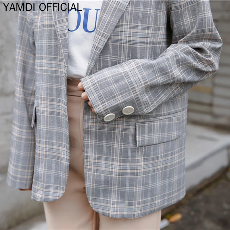 

YAMDI Plaid Women Blazer Jacket Female Notched One Button Woman Suit Outwear Jacket Korean Office Ladies Outerwear 2019 Runway