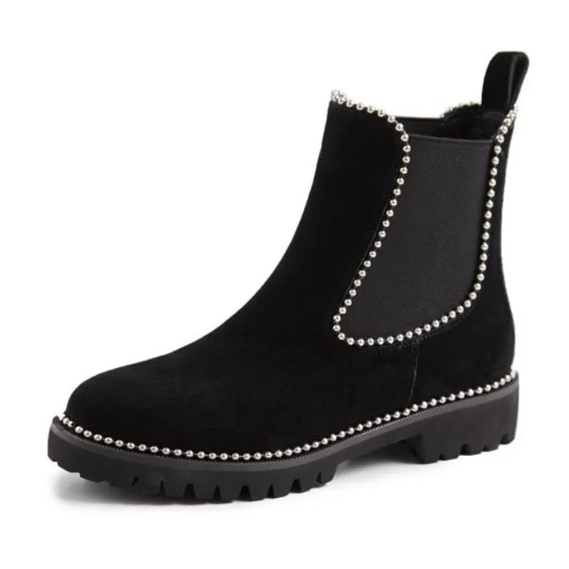 Taoffen Size 34-41 Women Genuine Leather Beads Ankle Boots Chelsea Office Work Party Casual Short Boots Flats Daily Footwear