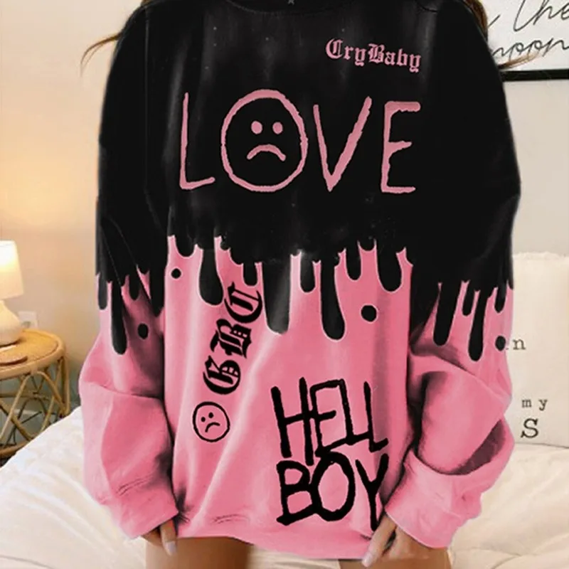 

Black Pink Colorblock Letter Print Hip Hop Vintage Oversized Sweatshirt Women Long Sleeve Casual Tops 2021 New Spring Plus Size