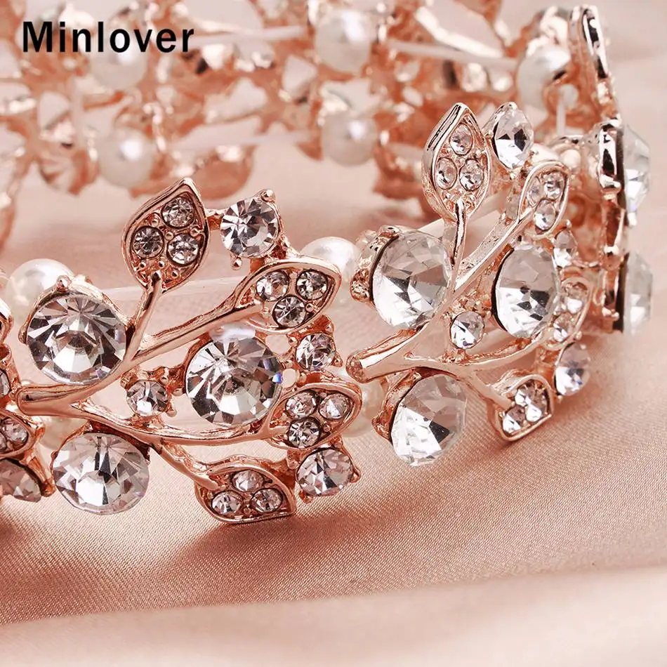 Minlover розовое золото цвет листья горный хрусталь невесты браслеты для женщин очаровательные свадебные браслеты модные новые ювелирные изделия MSL108