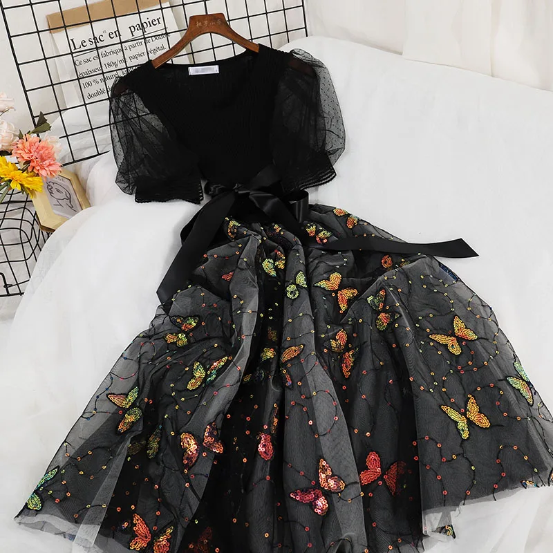 

Summer Women Puff Sleeve Embroidery Flower Mesh Gauze Ruffles Chic Dress Sashes Belt Lady Elastic Slim Waist Knitted Midi Dress