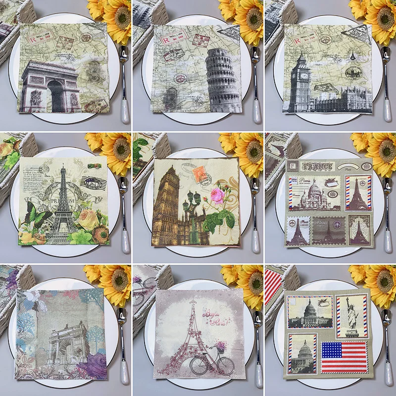 

20Pcs/Pack Eiffel Tower Architecture Table Decoupage Paper Napkins Vintage Building Paper Tissues for Wedding Party Supplies Hot