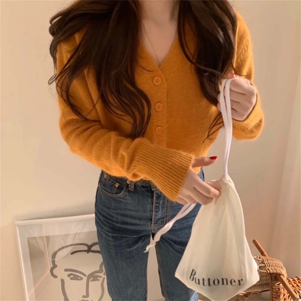 

Orange V-Neck Cardigans Coats Femme Outer Wear Autumn 2021 Gentle Lady Office Knitwear Vintage Elegant Sweater Tops