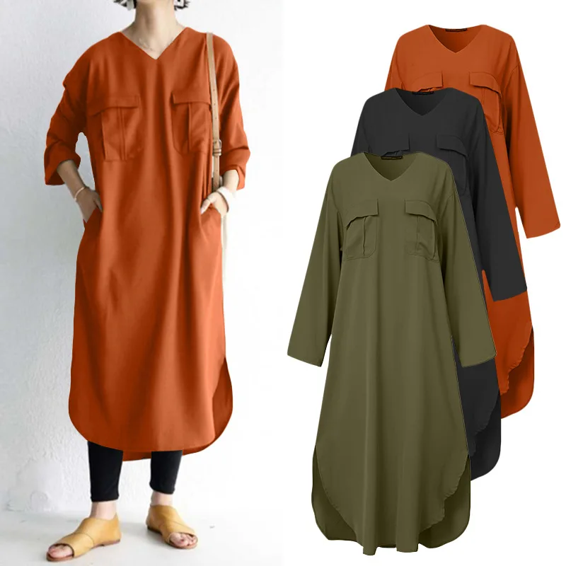 

Women's Latest V-Neck Long Sleeves With Pockets Slit Cotton And Linen Series Casual Loose Long Skirt