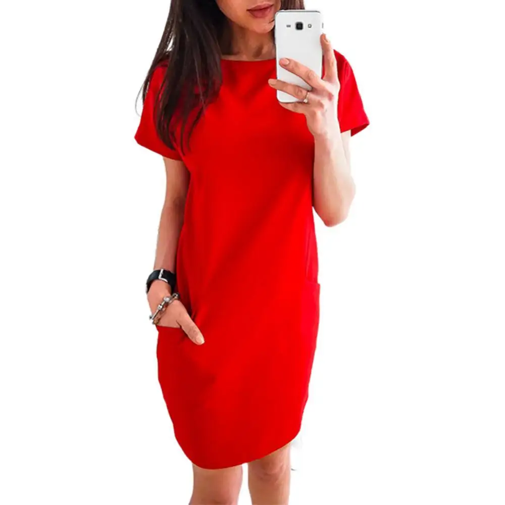 

Women Dress Solid Color Short Sleeve Round Neck Ladies Mini Short Dress Summer Dress vestido de mujer платье летнее женское 2021