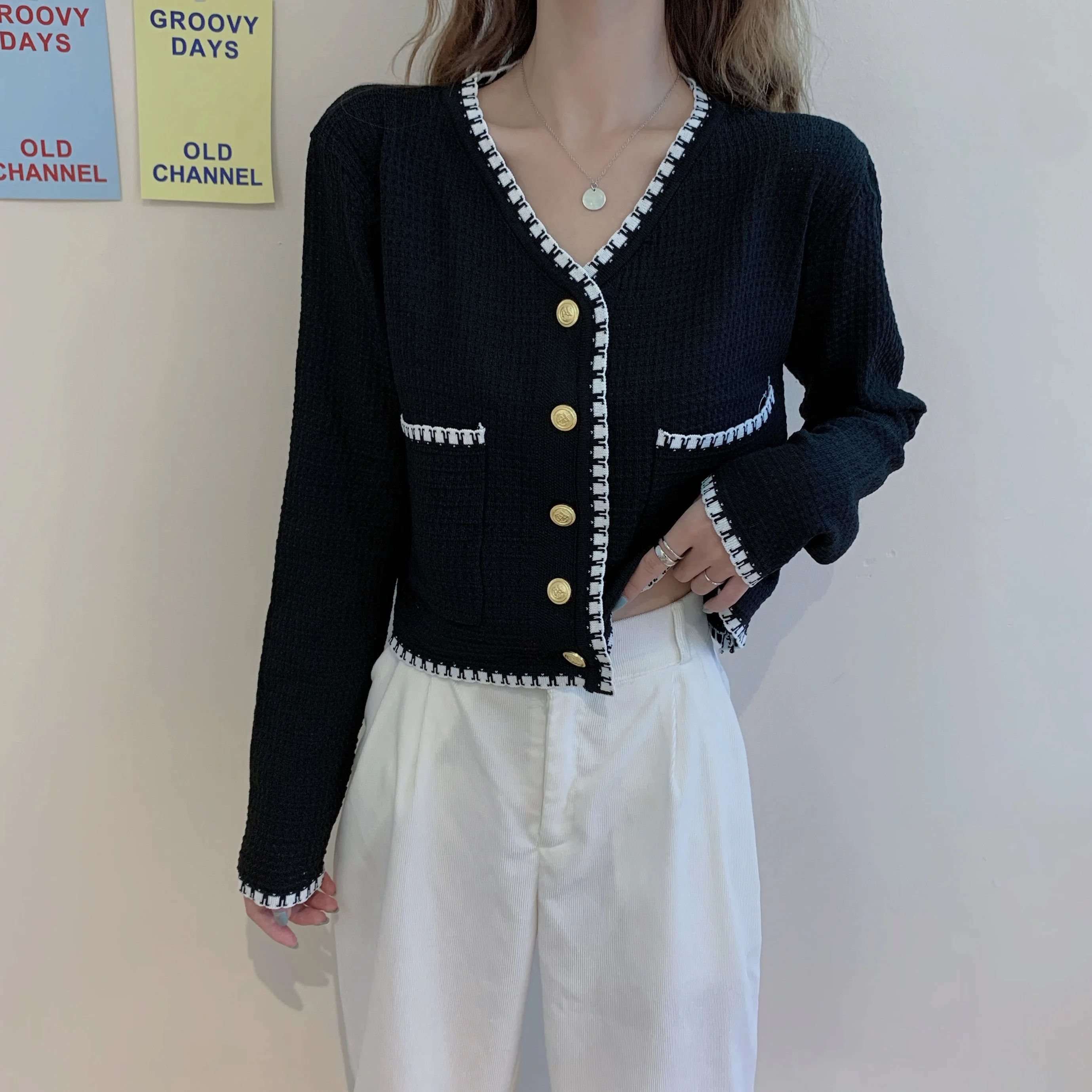 Новинка весна осень 2021 трикотажная одежда контрастных цветов с V образным