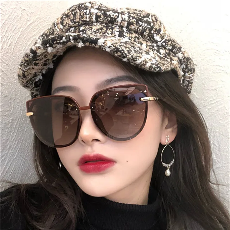 

New Sunglasses Women Oversized Cat Eye Eyewear 2021 Gradient Brown Pink Rimless Sun Glasses for Female Brand Designer Uv400