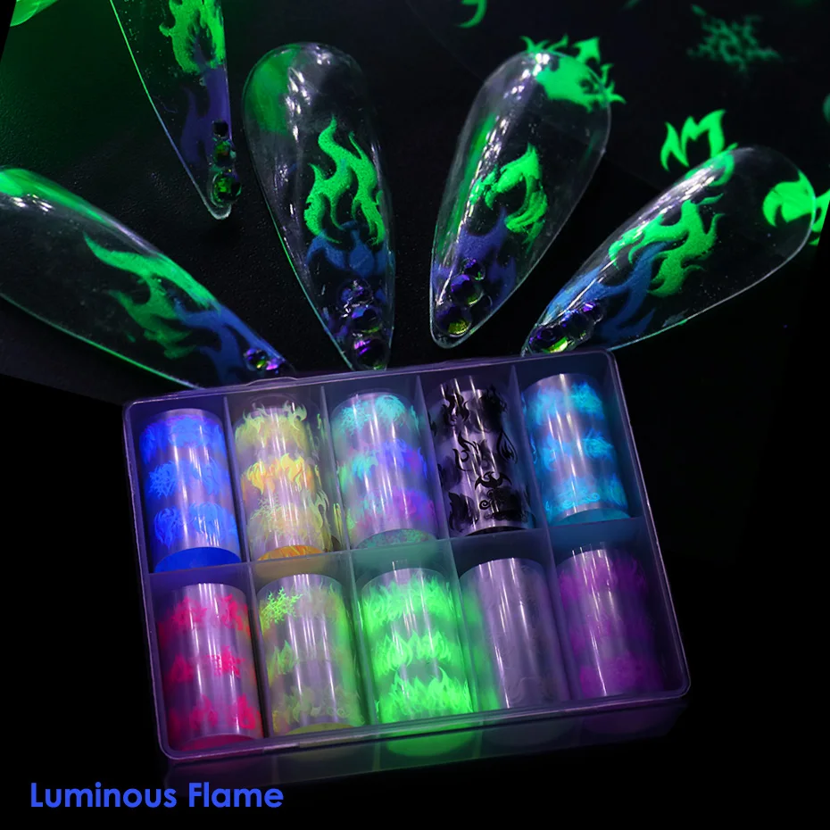 10 шт. светящиеся пламя ногтей Переводные фольги наклейки голографические