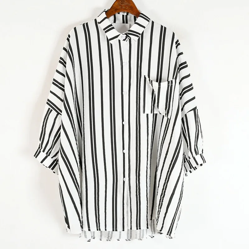 

IEQJ Women Blue Casual Minimalism Cozy Striped Blouse New Lapel Long Sleeve Loose Shirt Fashion Tide Autumn 2021 3F1267