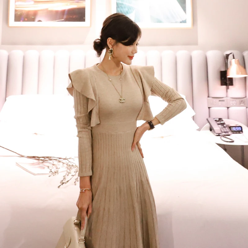 Женское облегающее Платье До Колена трикотажное платье свитер с оборками