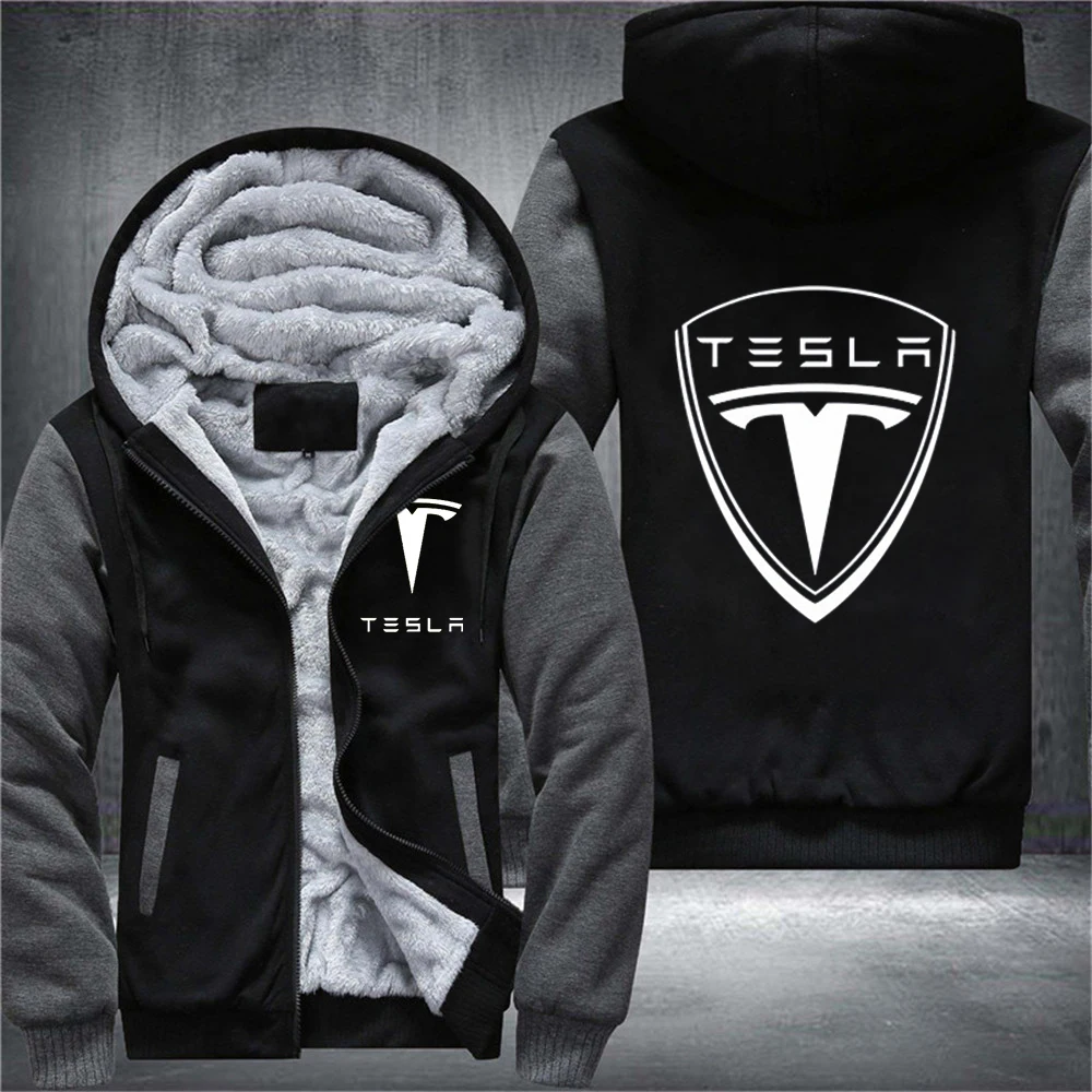 

2021 Winter Tesla Print Thicken Car Logo Hoodies Fleece Sportwear Cotton Flesh Man's Casual Coats Print Top Zipper Unisex Jacket