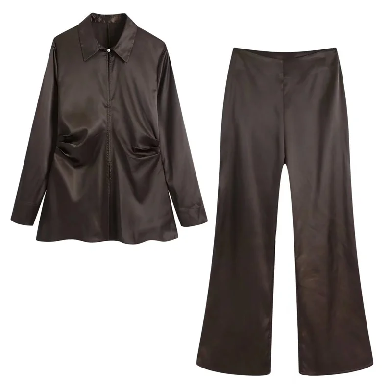 

Woman Elegant Brown Satin Pleated Shirt Suit 2021 Autumn Female High Waisted Flare Pants Suits Ladies Solid Irregular 2 Pcs Sets