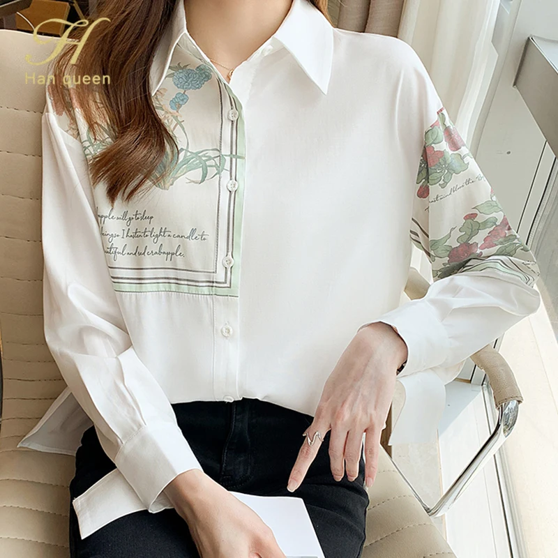 

Женская офисная блузка H Han Queen, осенняя простая белая рубашка с принтом, повседневные топы с длинным рукавом, свободные блузки в Корейском ст...