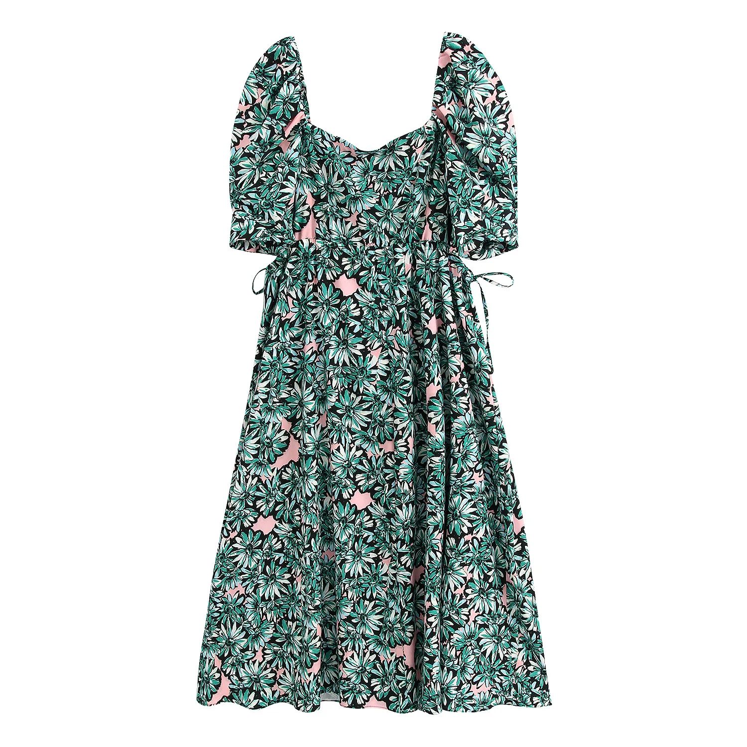 TEELYNN puff sleeve long summer dresses 2020 vintage green floral print Drawstring waist elegant party women vestidos | Женская одежда