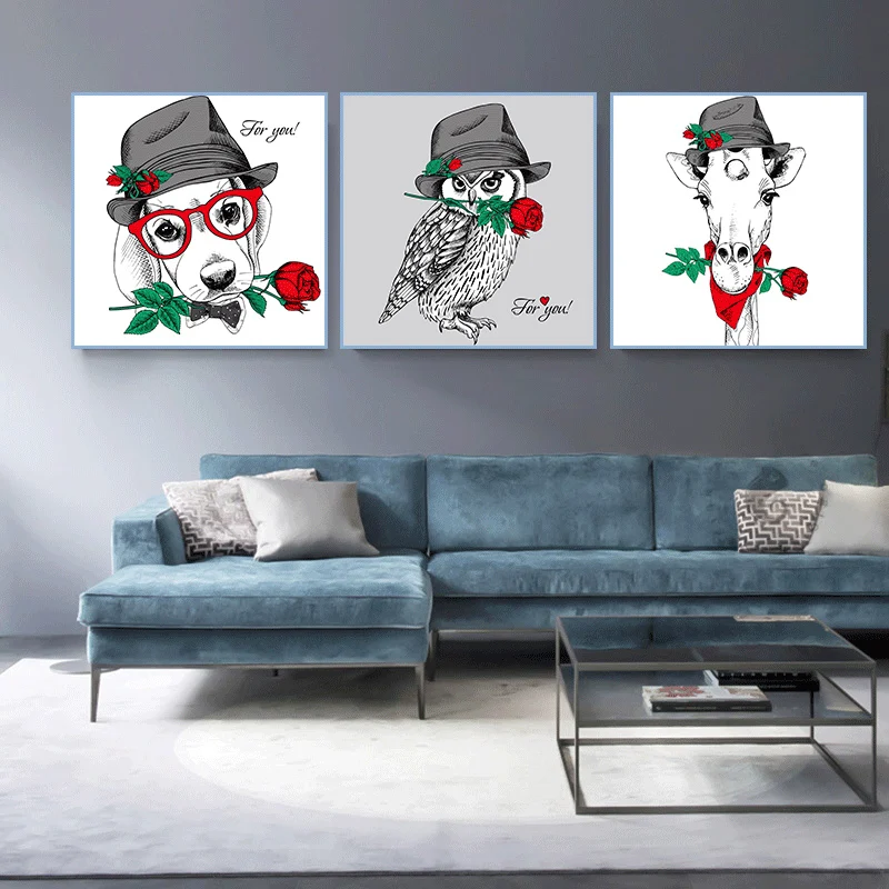 Романтические розы с принтом собаки Совы Жираф холст для живописи Wall Art Печать