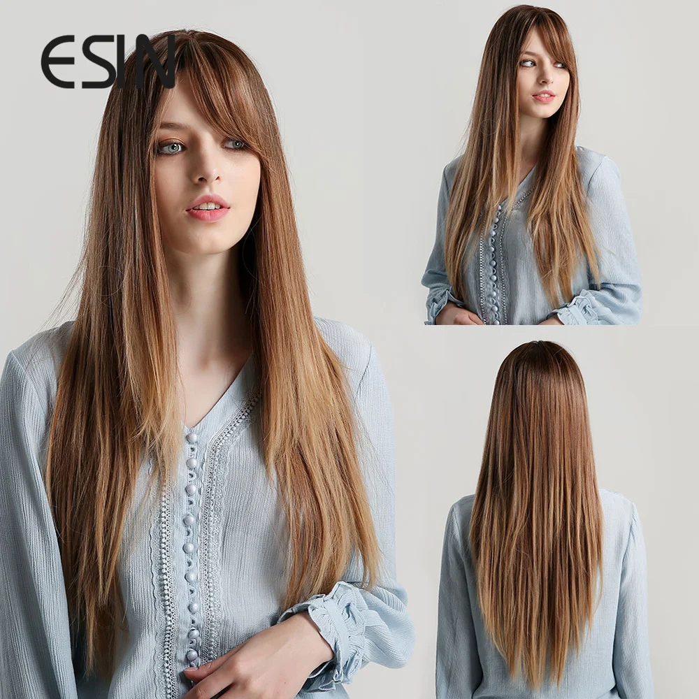 

ESIN Длинные Синтетические натуральные прямые коричневые Омбре светлые волосы парики с челкой термостойкие парики для черных женщин