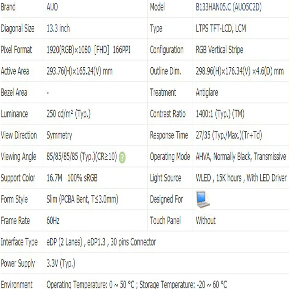 B133HAN05.C  B133HAN05 C 13, 3 Inch 1920*1080 IPS EDP 30 Pin FHD 60  100% sRGB