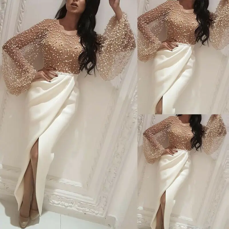 Women High Split Dress Long Sleeve Pearl Beading Maxi Elegant Woman Party Evening Asymmetry Formal Dresses Vestidos | Женская одежда