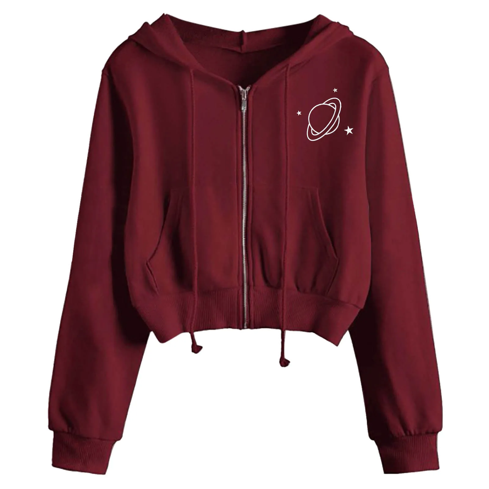 

TELOTUNY Womens Short Jackets Long Sleeve Zipper Drawstring Sweatshirt Solid Printed Hoodie Causal Autumn Thin Tops Blouse