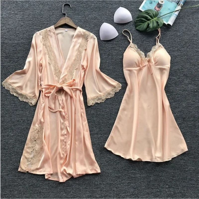 Pajama Set Women Lace Trim Satin Sleepwear Pyjamas Pour Femme Summer Nightwear With skirt Casual Home Wear Kimono Robe Gown PJS