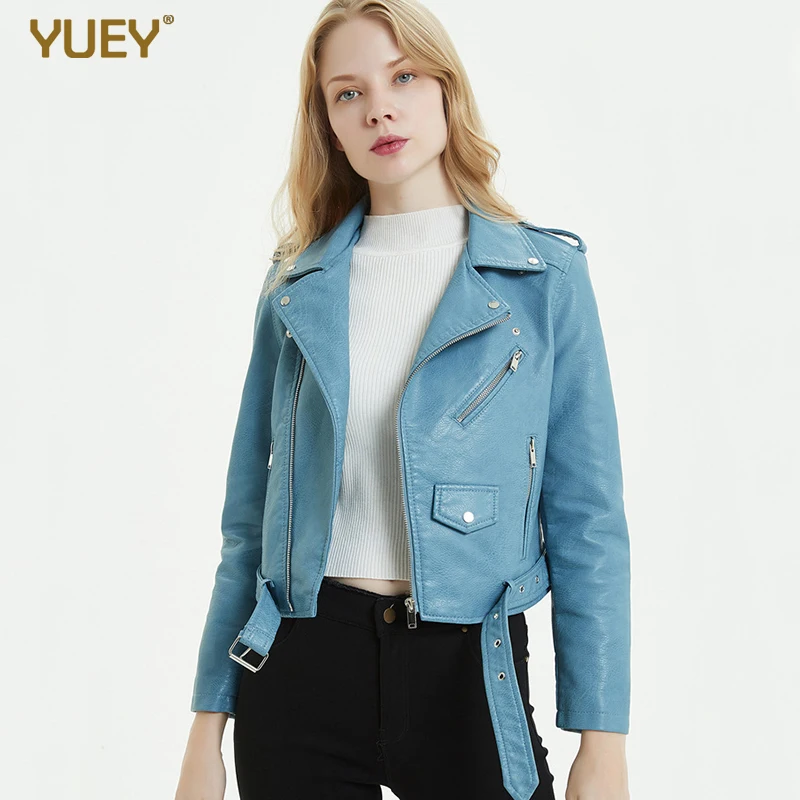 Brand Womens Leather Jacket New Pattern Bright Candy Colors Slim Turn-down Collar Motorcycle Short Autumn Coat With Belt | Женская