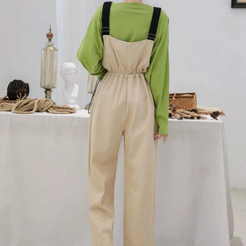 

Jumpsuits Women Ankle-length Oversize Elastic-waist Solid Straight Straps Elegant Ladies Korean Style Loose Simple Womens Chic