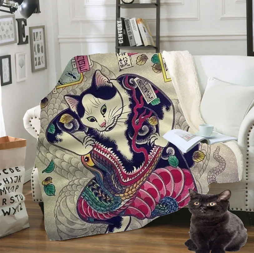 

SONSPEE 3D Print Japan Tattoo Samurai Ninja Cat Graphics Harajuku Casual Fleece Quilt Child Bed Blanket Bedspread Chair Bedding