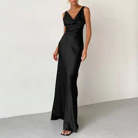Женское атласное платье-макси без рукавов, черное элегантное длинное вечернее платье с V-образным вырезом и открытым воротником