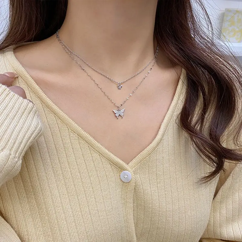 

Gold Silver Double-layer Butterfly Necklace Y2k New Ins Style Korean Wild Rhinestone Choker Chain Necklaces Women Jewelry