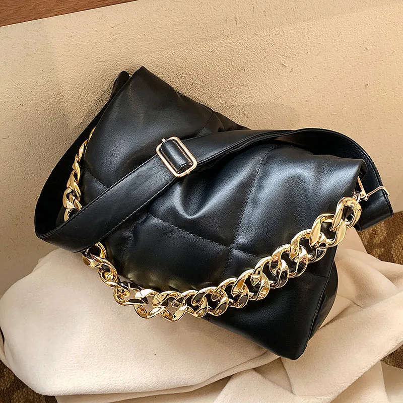 

Thick Chian Design Fashion PU Leather Shoulder Bag Women Handbag Quilted Padded Crossbody Bags 2021 Hit Winter Simple Brands