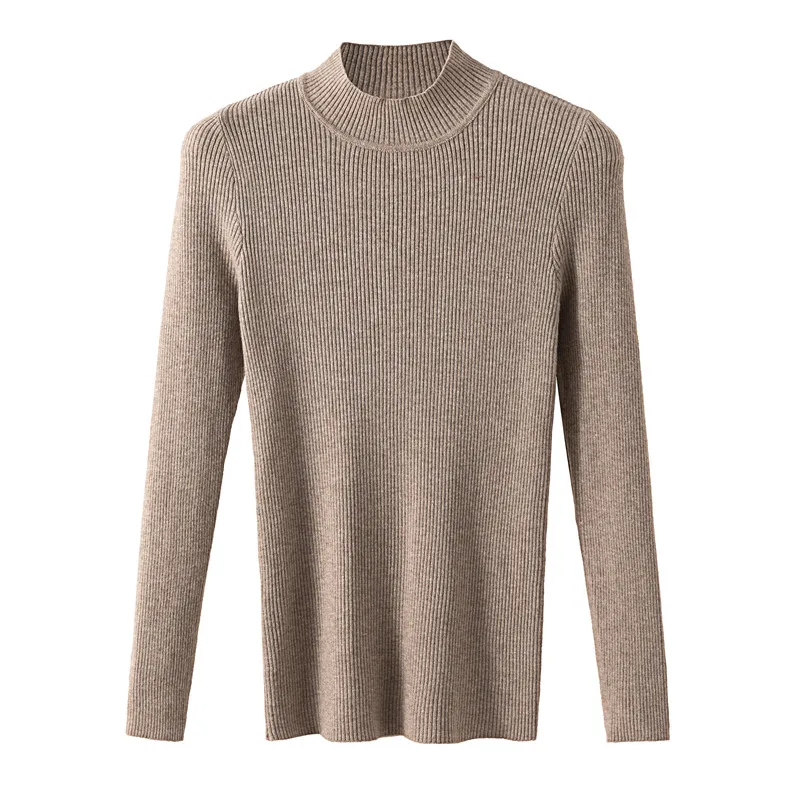 

ZAWAHIKI Korean All-match Knitted Pullover Autumn Half High Collar Slim Elasticity Long Sleeve Tops Solid Inside Women Sweaters