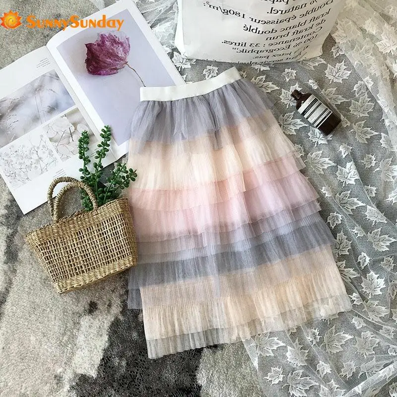 

3-8 years old summer casual pleated Gradient Rainbow Skirt for girls children' s princess Mid-Calf mesh tutu long cupcake skirt