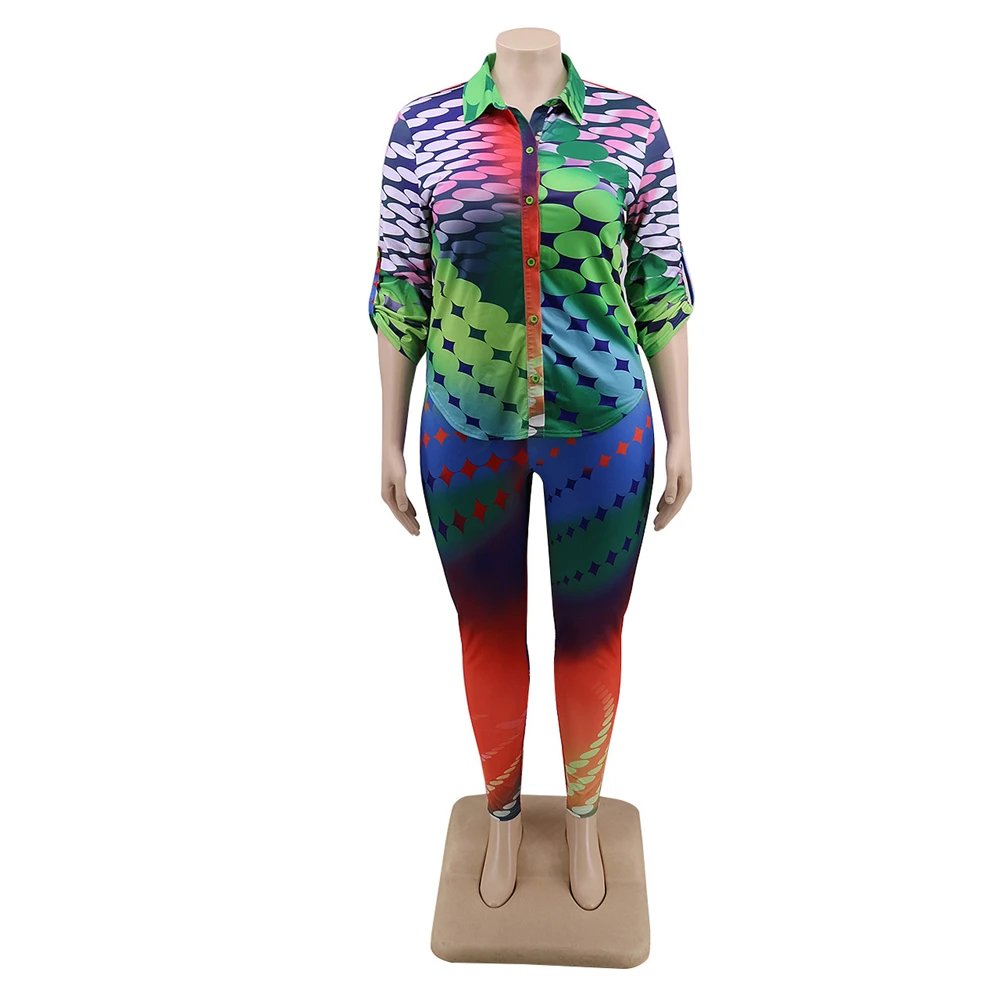 

Casual Print Two Pieces Pant Set Women Button Up Top And Long Pants Suits Matching Sets Two Piece Outfits
