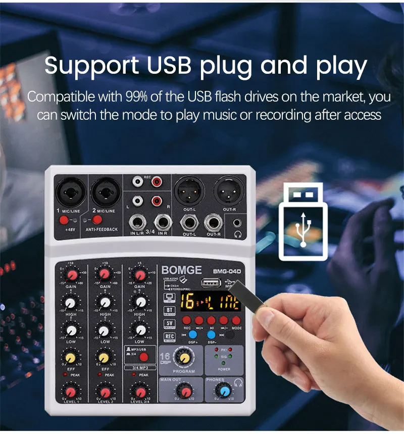 4-канальный звуковой микшер DJ-консоль звуковая карта с USB записью и фантомным