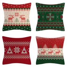 Christmas Decoration Linen Cushion Cover Striped Elk Printed Red 18*18 inch Xmas Pillow Case Sofa Cushion Car Cushion Home (1)