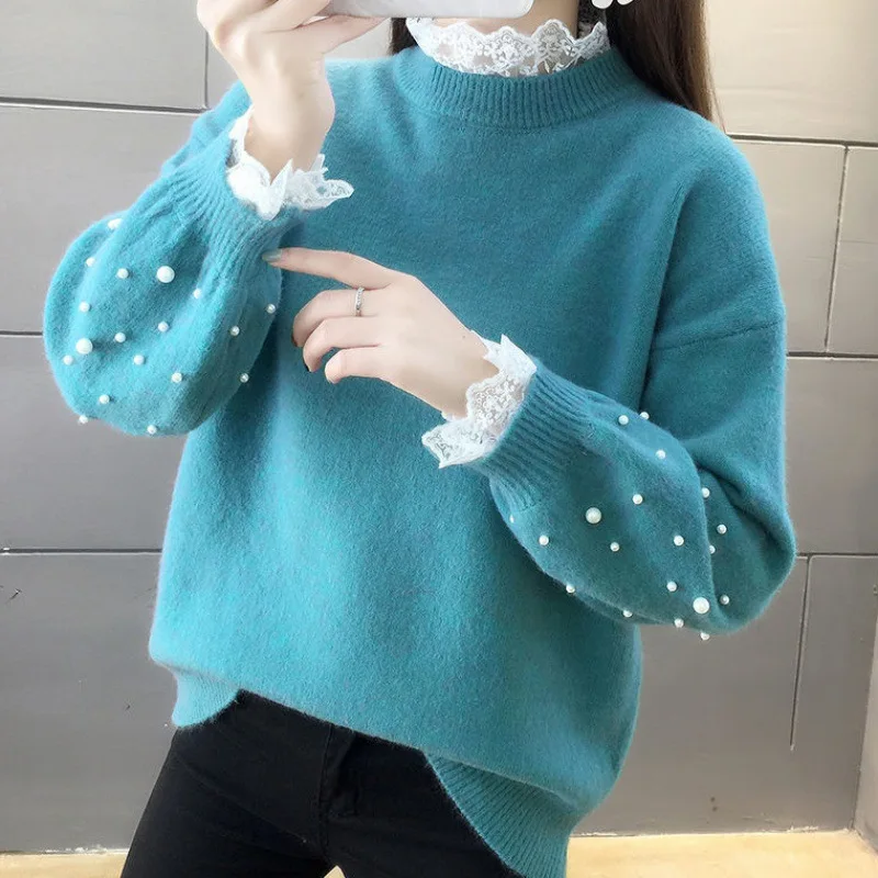 

Весна 2021 Корейская версия свитера женский ноготь шарик Фонари нижняя рубашка с длинным рукавом Свободный вязаный Топ