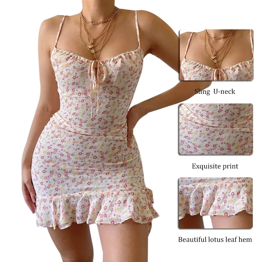 

2021 Sexy Low Cut Flower Print Sleeveless Backless Mini Dress 2021 Summer Women Fashion Slim Skinny Club Party Vestidos