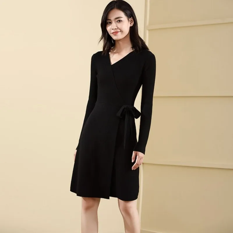 European American Womens Autumn Slim Belt Sweater Dress Female Designer Fashion Solid Purple V-Neck Sweaters Long Wool Clothes | Женская