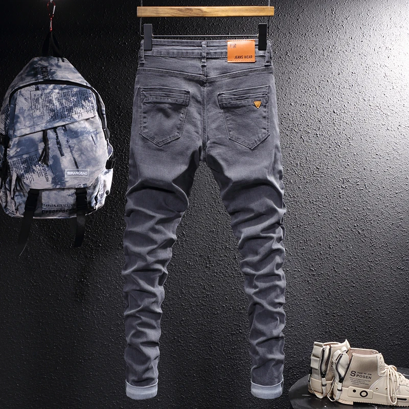 Newly Designer Fashion Men Jeans Retro Black Gray Slim Fit Elastic Casual Denim Pencil Pants Street Korean Style Stretch Jeans